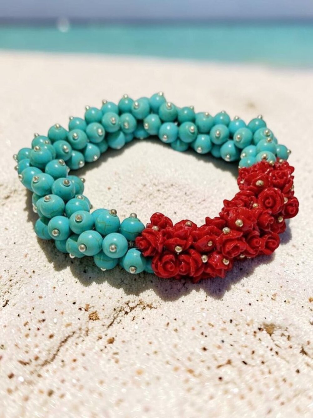 4-5mm beads Natural Turquoise Red Coral Cluster Bracelet